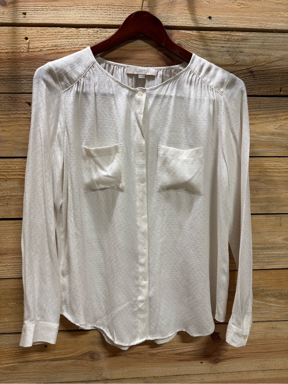 LOFT Off White Cream Button-Front Long-Sleeve Pocket Blouse